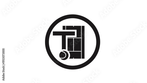 Black and White Icon of a Rolling Suitcase with Handle in Circle