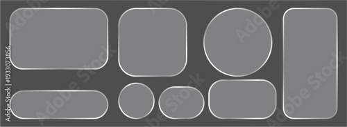 Liquid glass button interface, light frame banner set, glass panel set. Light glass box frame with neon effect for square ux icon. Light png banner collection with glow effect, vector illustration. Gl
