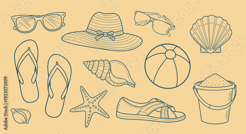 Collection of beach essentials including sunglasses flip flops hat seashells and a beach ball on a light brown background