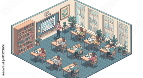 Classroom scene, teacher explaining lesson to students sitting at desks, isometric view