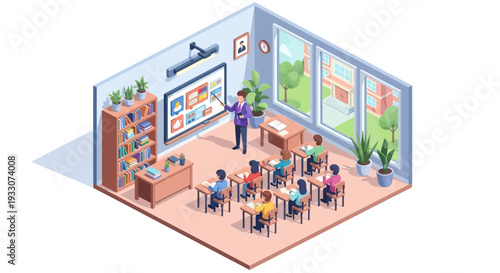 Isometric Classroom Scene: Teacher Instructing Students at Desks with Digital Board