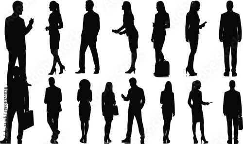 Business people silhouette collection vector, professional men women standing walking talking isolated black figures