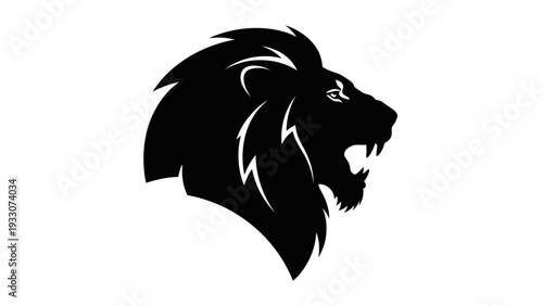 Black Lion Head Silhouette Roaring Aggressively, Fierce Animal Emblem