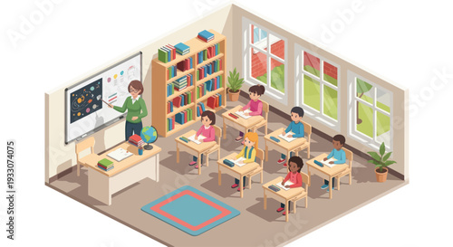 Diverse students learning in a bright, modern classroom with a teacher at the whiteboard