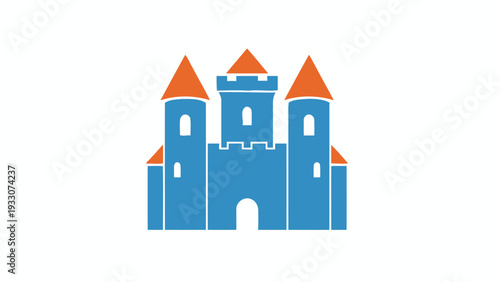 Blue Castle Icon with Orange Roofs on White Background