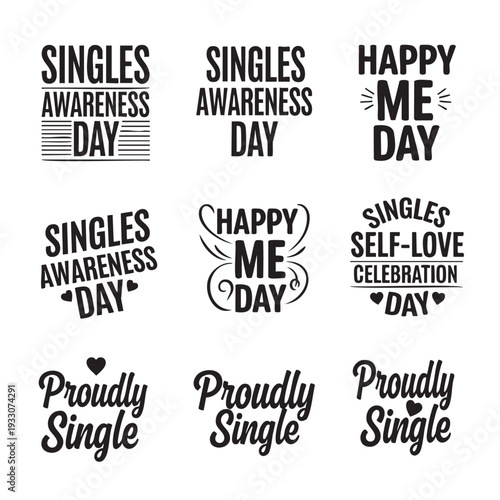 Collection of handwritten singles awareness day celebration phrases isolated