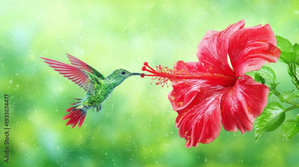 Obraz premium A hummingbird is drinking nectar from a red flower. The flower is surrounded by green leaves