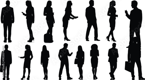 Business people silhouettes vector set, professional men and women standing walking talking isolated black background illustration