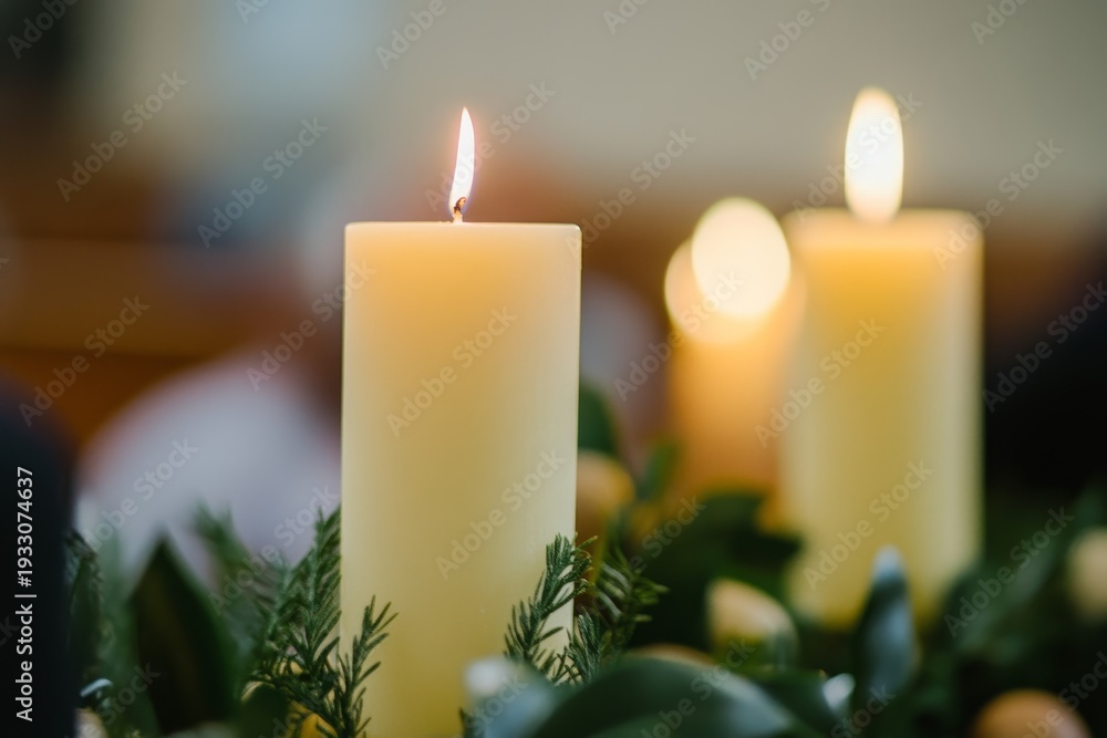 Fototapeta premium A beautifully tranquil arrangement showcasing candles, vibrant blossoms, and decorative eggs, perfect for spring themes