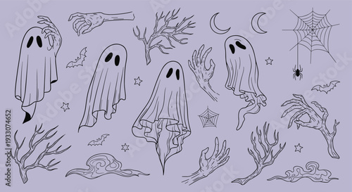 Spooky Halloween illustration featuring ghosts, skeletal hands, bats, spiderwebs, and a crescent moon on a light purple background