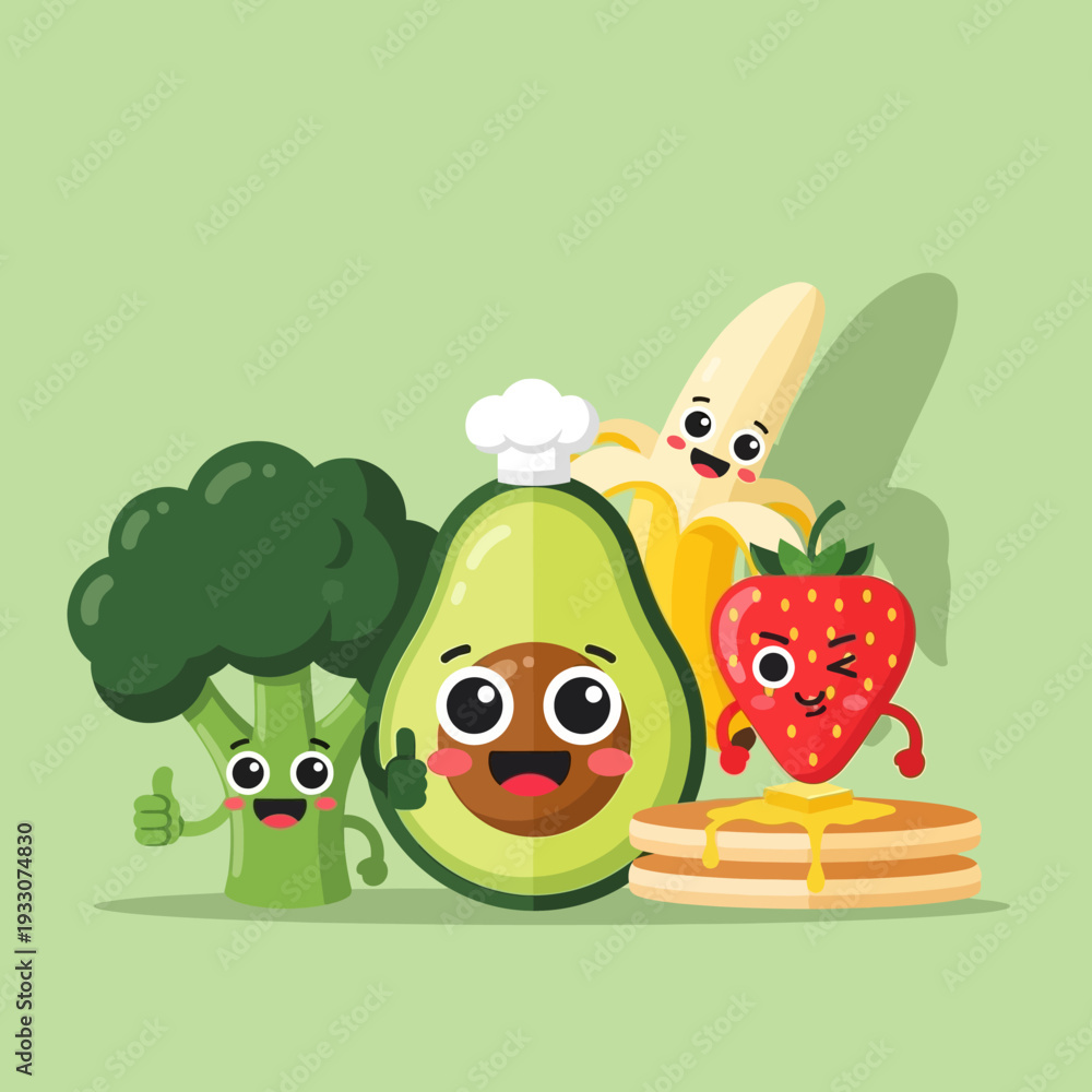 Fototapeta premium Cute cartoon avocado, broccoli, banana, and strawberry characters with pancakes