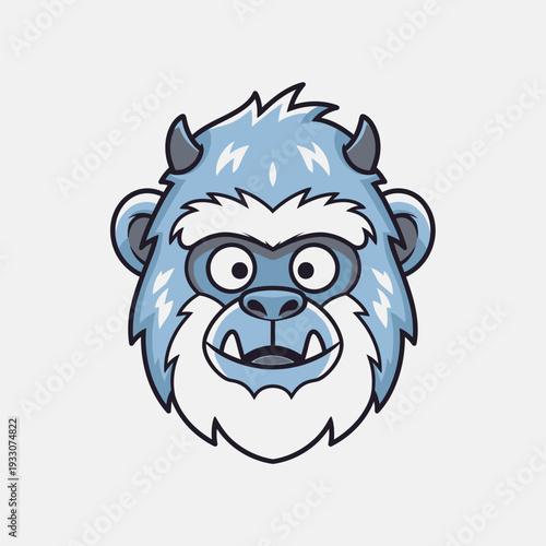 Cute blue yeti cartoon character head with horns and furry face, funny monster illustration