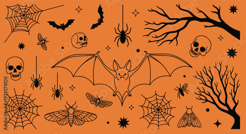 Spooky Halloween illustration featuring bats spiders skulls and cobwebs on an orange background for festive decoration and design elements