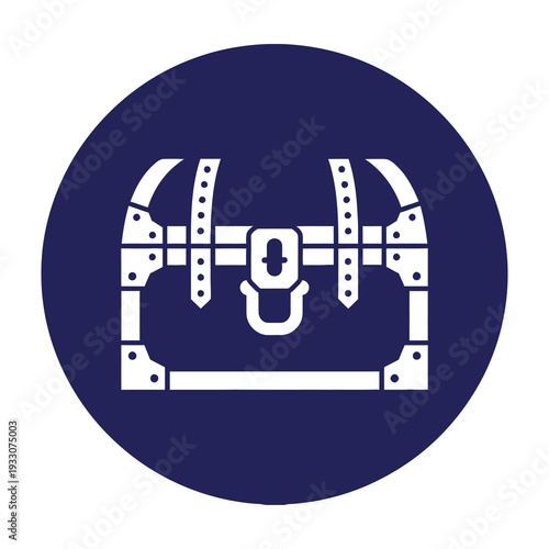 Treasure chest icon with metallic locks and rivets on a dark blue background symbolizing wealth and adventure