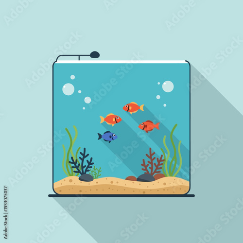 Aquarium with colorful fish, plants, and sand on a blue background with shadow