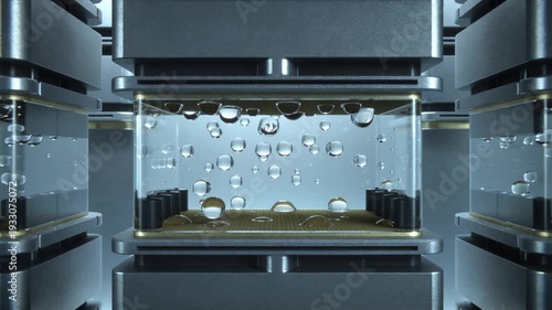 A futuristic oven with water bubbles on a metal surface inside