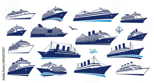 Collection of various cruise ships and ocean liners in a nautical style.
