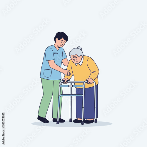 Caregiver assisting elderly woman with walker, promoting mobility and independence