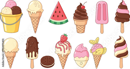 Cartoon Ice Cream Collection Featuring Cones, Popsicles, Chocolate Dips, and Watermelon for Summer and Dessert Designs