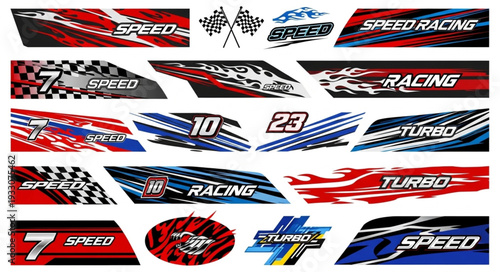 Dynamic racing car decals collection with speed and turbo elements for vehicle design.