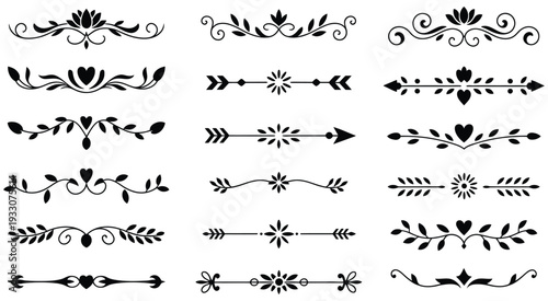 Collection of ornate black dividers and floral design elements on white background, elegant vintage decorative borders, intricate scrollwork flourishes and symmetrical embellishments, high contrast