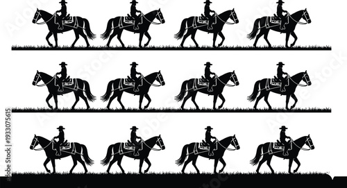 Collection of black and white cowboy silhouettes riding horses on a ranch and a cowgirl throwing a lasso for western rodeo and country themes