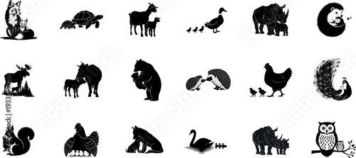 Black and white animal icons set featuring various creatures isolated on transparent background