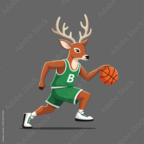 Deer Basketball Player Dribbling Ball in Green Uniform