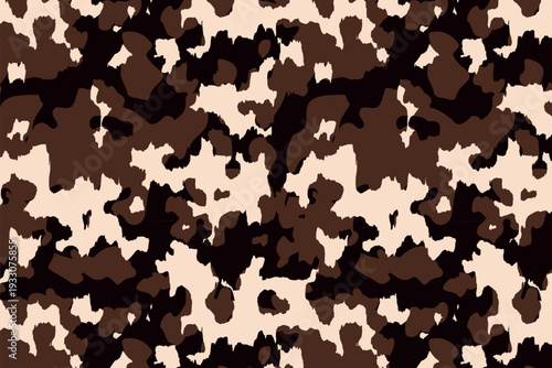 Cow pattern background. Vector animal skin print, cute black and brown spots on beige. Natural spotted texture for textile, dairy farm decoration, wrapping paper, wallpaper, backdrop, banner, cover.