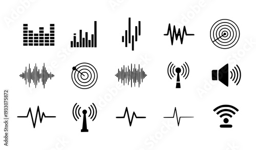 A set of black and white sound wave icons and audio signal graphics