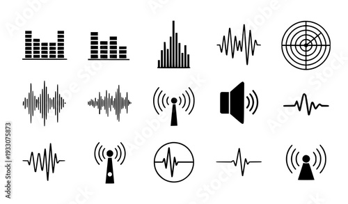 A set of black and white vector icons representing sound and audio waveforms