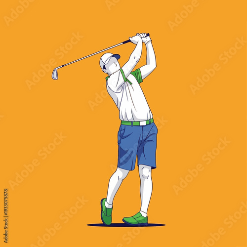 Golfer swinging club on orange background, athletic man playing golf, sports hobby