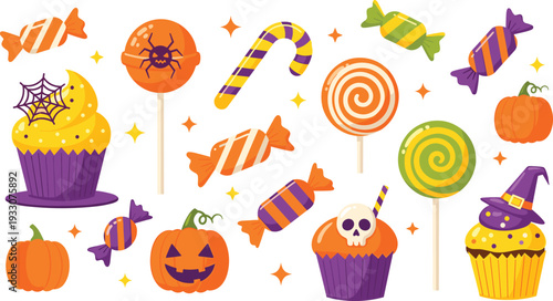 Halloween Candy and Cupcake Collection Featuring Pumpkins, Lollipops, Candies, and Cupcakes for Spooky Dessert Designs