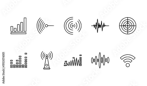 A set of vector graphic icons representing various wireless communication and signal strength symbols