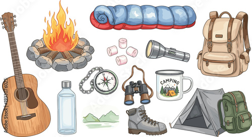 Camping equipment collection outdoor adventure travel gear vector illustration set