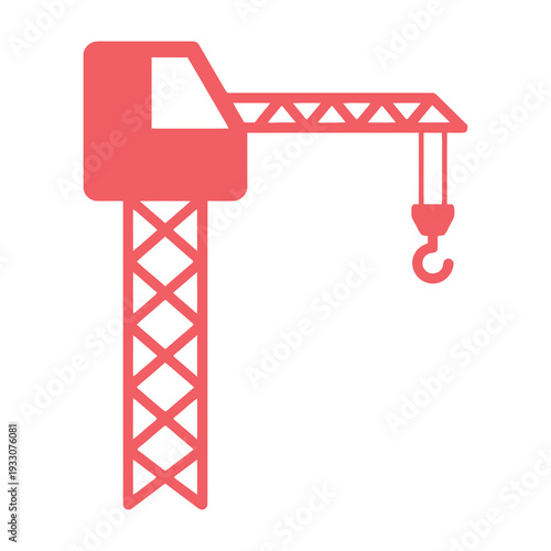 A bold red industrial crane stands tall against a clean white background showcasing its sturdy lattice framework and extended horizontal arm with a suspended hook