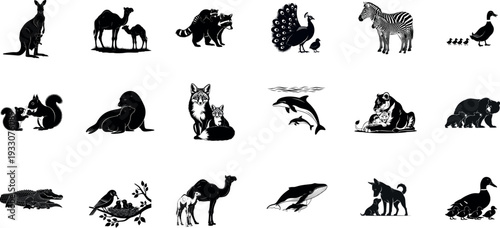 Black and white animal icons isolated on transparent background for various projects