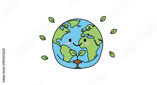 Smiling Cartoon Globe with Leaves Around.