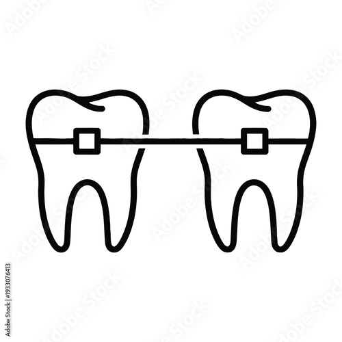 Illustrated graphic of two aligned teeth connected by a straight orthodontic appliance with square brackets emphasizing dental correction and alignment process