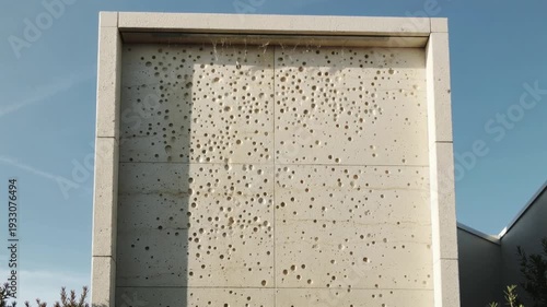 A large concrete wall with holes is standing in a cityscape under a clear blue sky with buildings