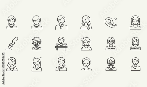 Premium Trauma Recovery Mental Health Icon Pack - 18 Minimalist Line Art Graphics for Burnout Support, Rehabilitation Therapy  Psychological UI Assets