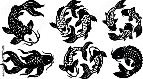 Tattoo flash koi fish circular compositions six black silhouette vector set swimming clockwise counterclockwise yin yang balance traditional japanese waves