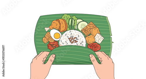 Hands Wrapping Traditional Indonesian Nasi Bakar or Grilled Rice in Banana Leaf, Southeast Asian Culinary Preparation Illustration Vector