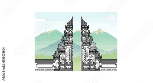 Candi Bentar Balinese Split Gateway at Lempuyang Temple with Mountain Landscape Vector Illustration