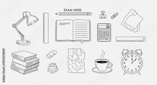 Collection of School and Office Supplies for Studying and Work Including Books Lamp and Calculator on a Light Background