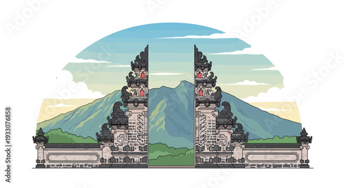 Candi Bentar Balinese Split Gateway at Lempuyang Temple with Mountain Landscape Vector Illustration