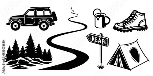 A journey through nature with essential gear and a trusty vehicle. Vector