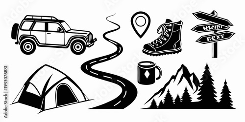 Illustrations of camping, hiking, and outdoor adventure activities Vector