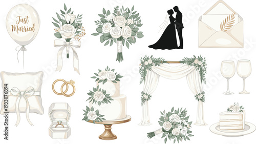 Wedding celebration elements collection floral decor romantic ceremony vector illustration set
