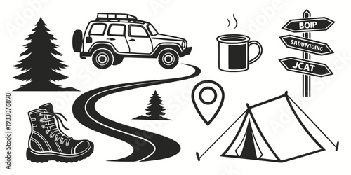 A collection of camping and outdoor adventure icons including a tent, map, and more. Vector